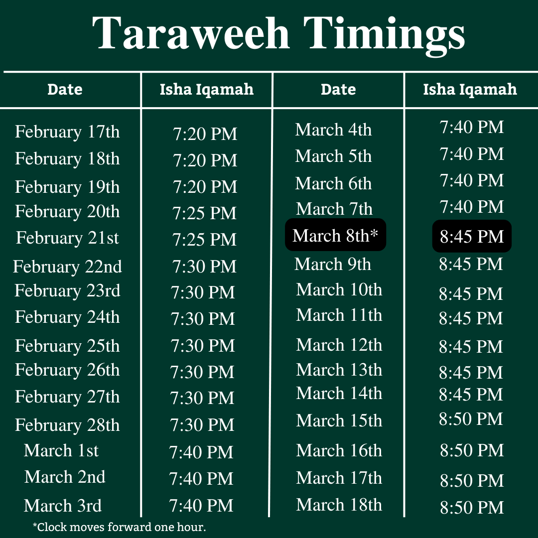 Taraweeh prayer timings graphic
